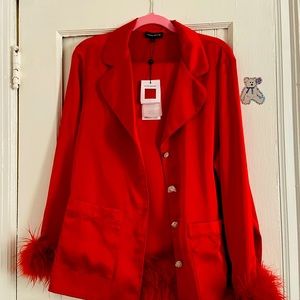 NADINE MERABI Red Feather Trim Blazer